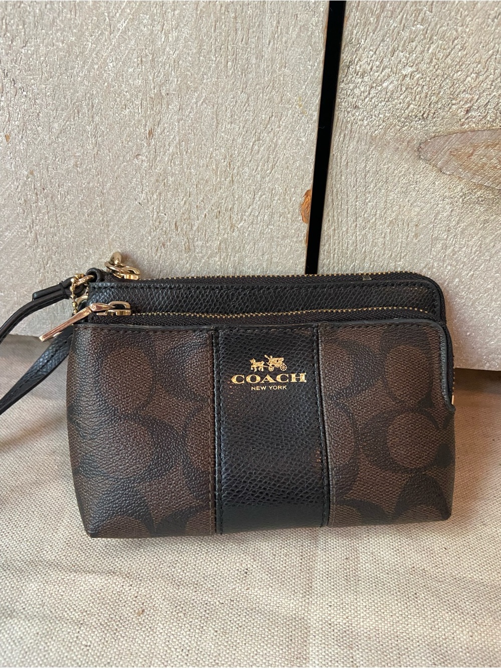 Coach Brown and Black Signature Zip Wristlet